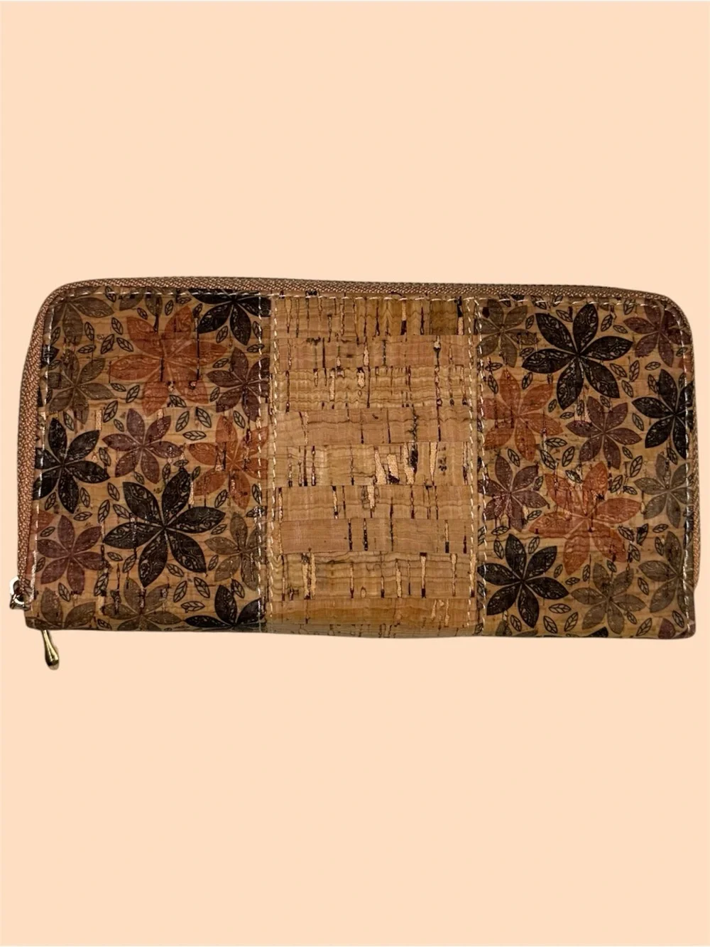 Cork Natural Brown Floral Zip Long Wallet